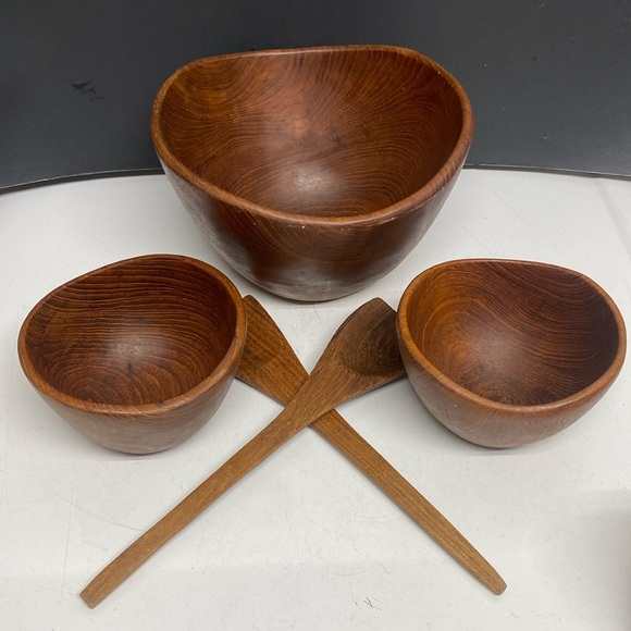 Good Wood Genuine Teak Made in Thailand Salad Serving Bowl Set Utensils 5 Piece - Picture 1 of 17